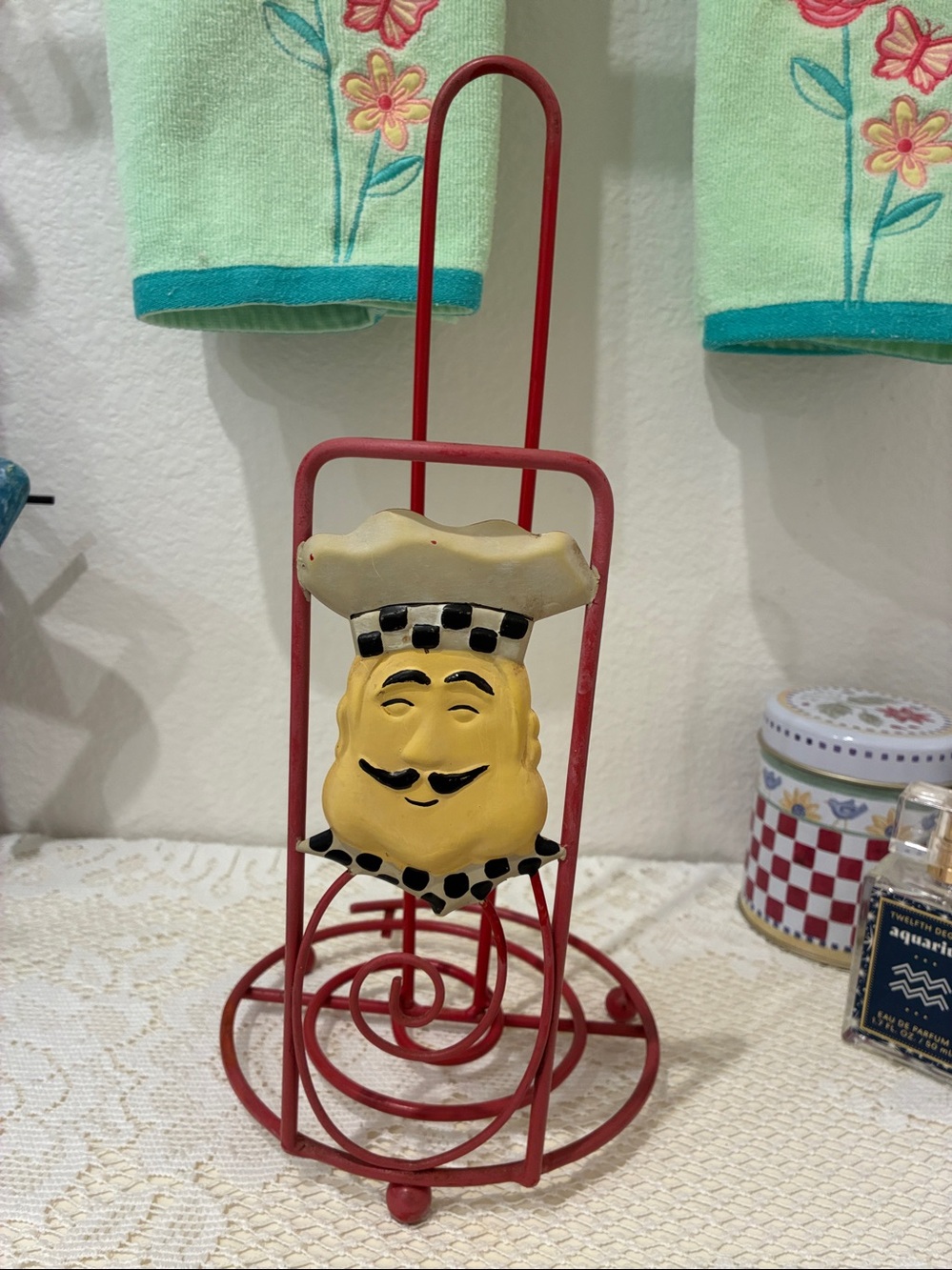 Antique Red Metal Paper Towel Holder with Chef Accent